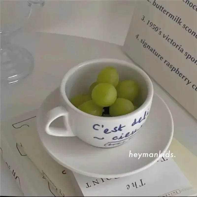 Korean INS Blue Letter Ceramic Mug Plate Set French Romantic Milk Cup Office Coffee Cups Exquisite Birthday Gift 200ml