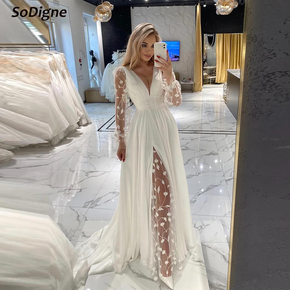 

SoDigne A-line Chiffon Bride Dresses Full Sleeves V-neck Appliques Wedding Dress Boho Bridal Gowns vestidos de novia Customized