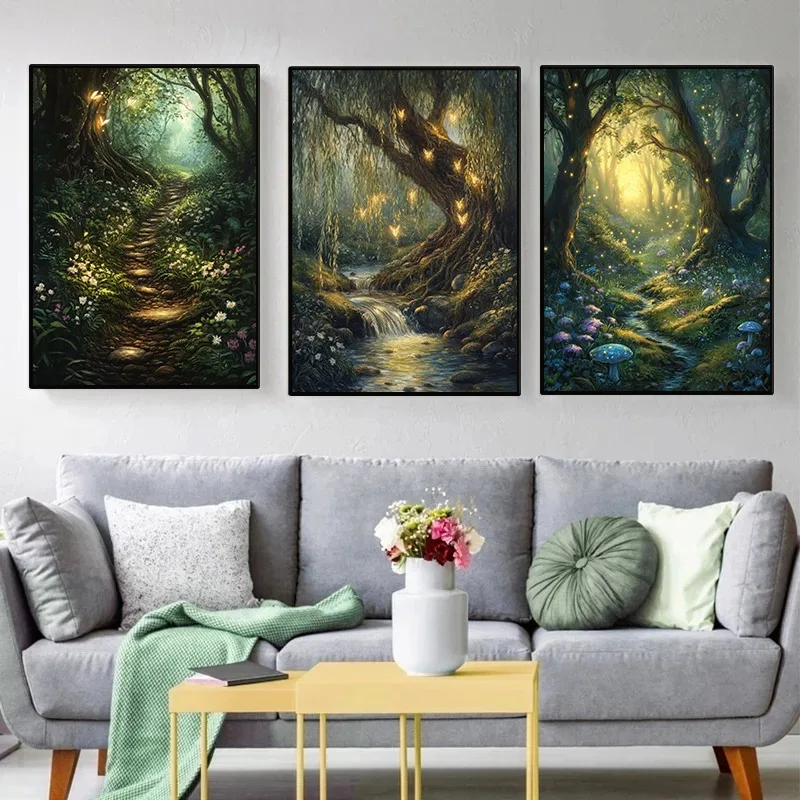 Fairy Enchanted Mystical Woodland Poster Vintage Fantasy Whimsical Nature Forest Canvas Painting Wall Art Living Room Home Decor
