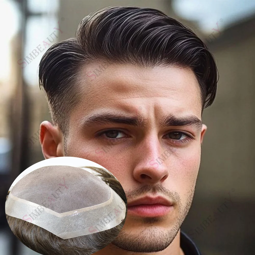 

6Inch Long Natural Hairline Human Hair System Dark Brown 30mm Wavy Man's Wigs Undetectable Mono PU Men Toupee Capillary Prosthes