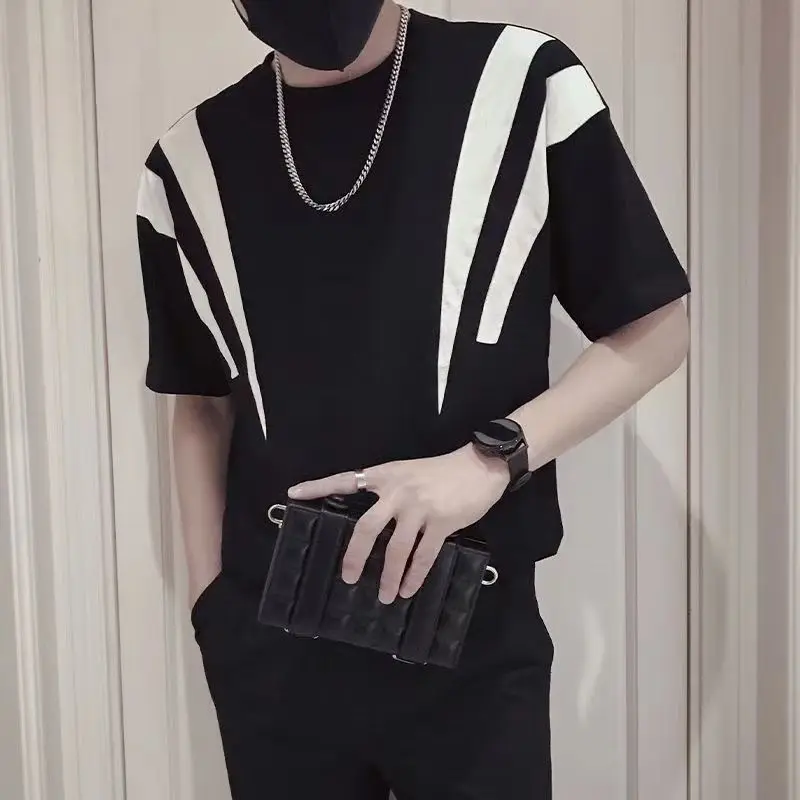 Summer New Fashion Simple Men Short Sleeve T-shirt Korean Contrasting Loose New Round Neck Patchwork Casual Versatile Thin Tops