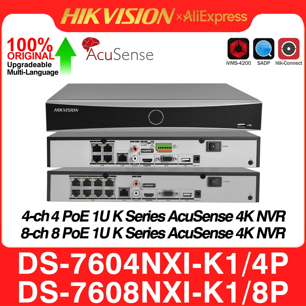 Hikvision Network Video Recorder DS-7604NXI-K1/4P DS-7608NXI-K1/8P 4K 4/8CH 4/8 POE Acusense 1SATA NVR 8MP H.265+ Surveillance