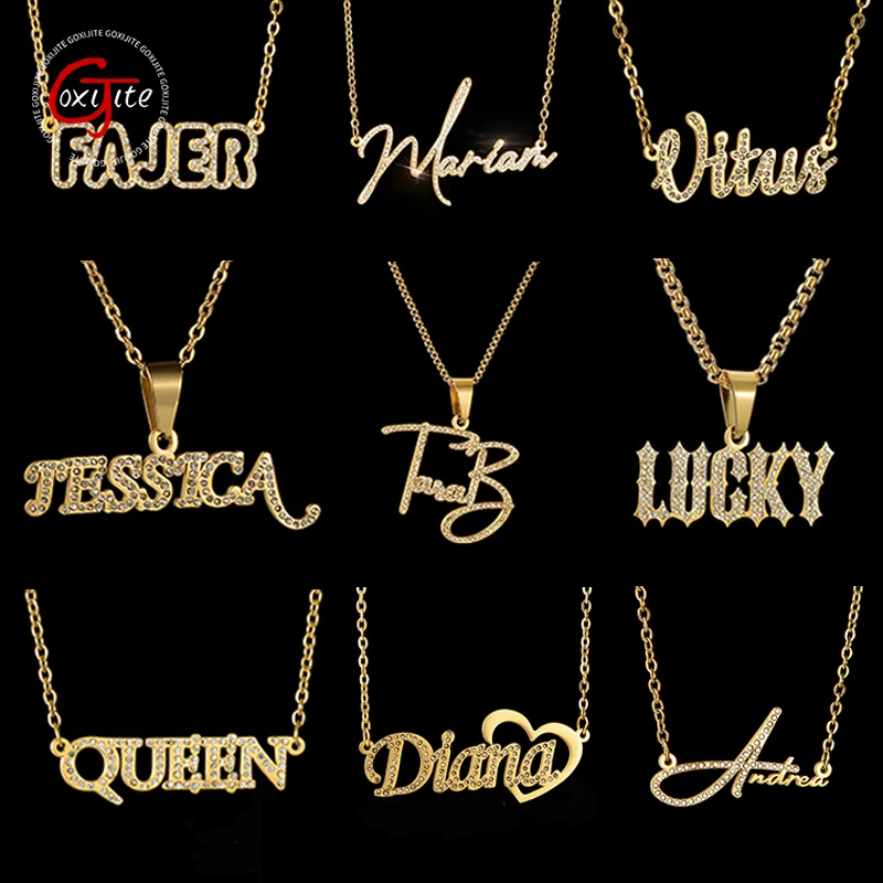 Goxijite Personalized Sparkling Nameplate Necklace For Men Women Stainless Steel Inlaid With Stones  Pendant Party Gifts