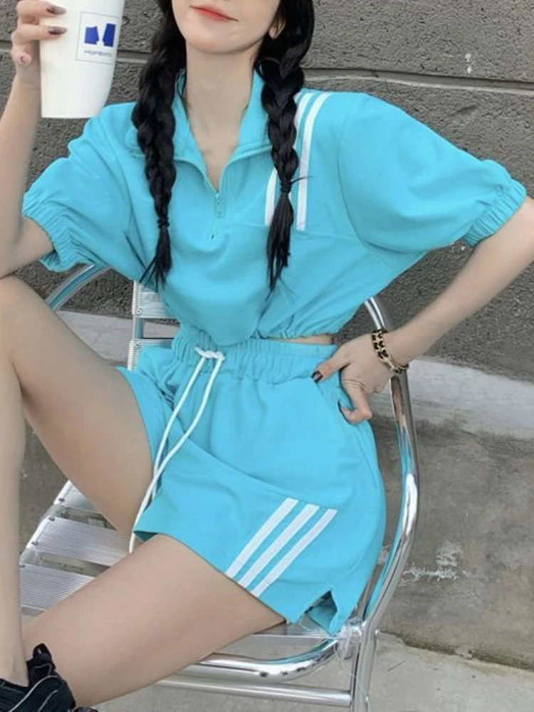 Korean Shorts Sports Suit Women Leisure Jacket Drawstring Wide-Leg Pant Girl Splice Color Two-Piece New in Summer Fashion Trend