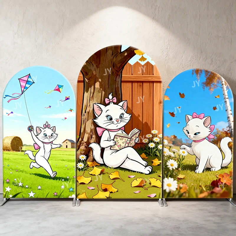 

Marie Cat Arch Backdrop Cover Kite Reading Autumn Scene Cartoon Theme Kids Birthday Baby Shower Photo Booth Decor Background