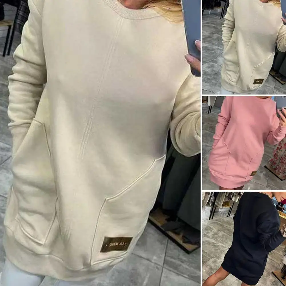 Jersey con bolsillo para mujer, Top informal de calle, cómodo, Otoño Invierno, Color sólido, Mini vestido, Jersey, Vestido corto informal