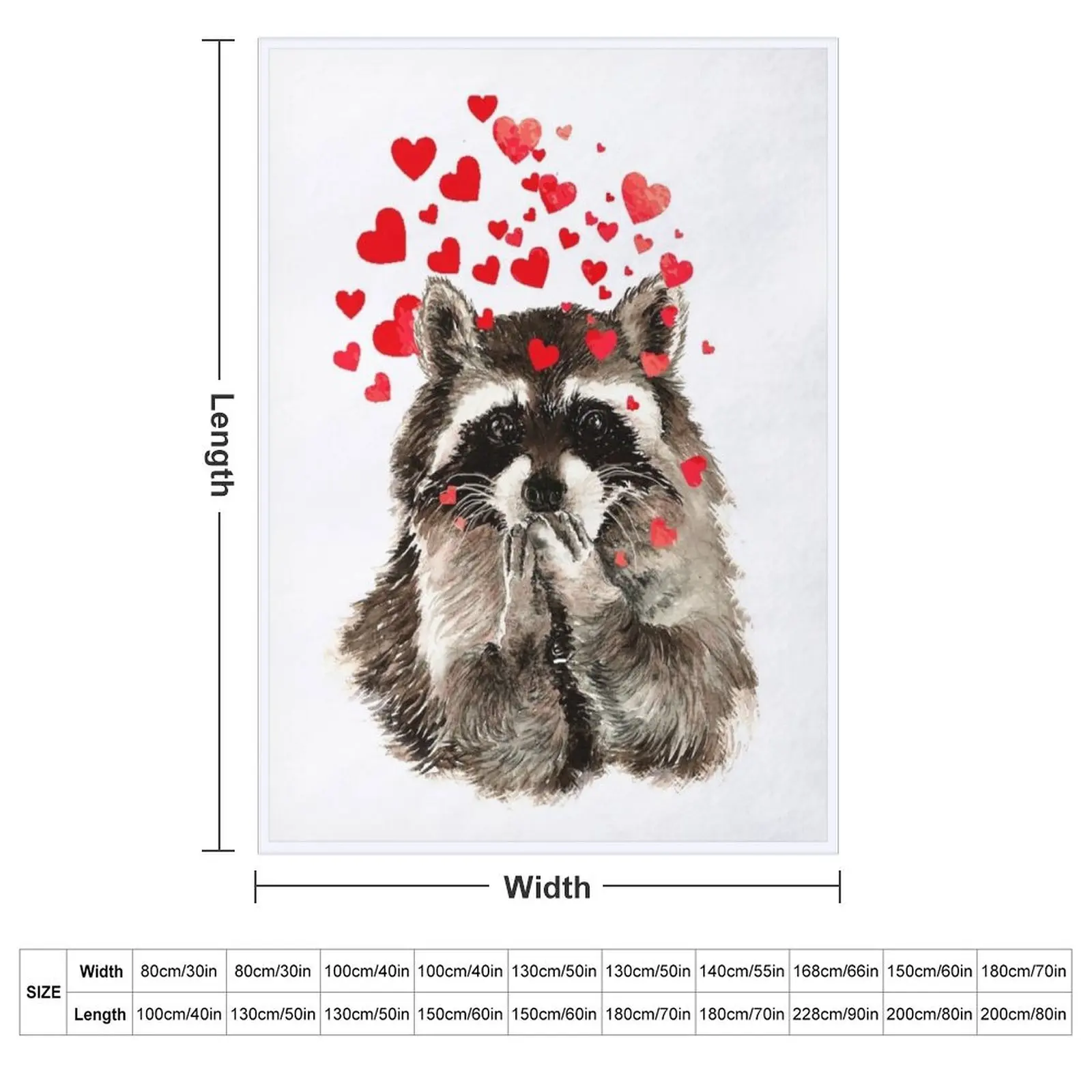 Cute Watercolor Raccoon Blowing Kisses & Hearts Throw Blanket couch cozy soft plush fuzzy picnic outdoor blanket