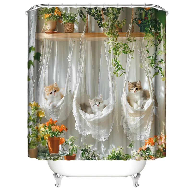 1pc Shower , Cute Cat Playing on Hammock Print Pattern, Waterproof Bathroom Window Curtain with 12 Plastic Hook