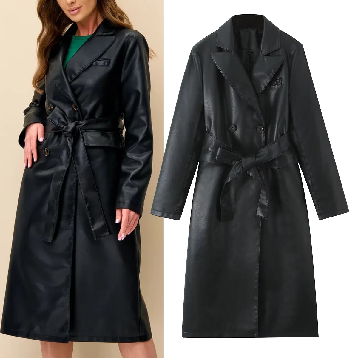 

Faionable Women's PU Leather Jaet Mid-Length Flip-Collar All-Match Sle Commute Wind with kets Slim-Fit Long Sve