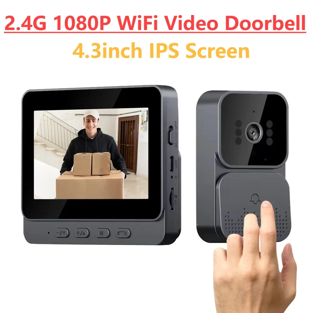 1080P WiFi Video Doorbell Video Intercom Wireless Door Bell IR Night Vision 4.3inch IPS Screen 2-ways 2.4G for Villa Home Office