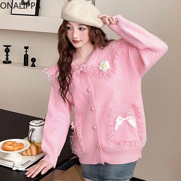 Onalippa Mesh Wood Ear Hem Pink Cardigan Women Peter Pan Collar Kawaii Knitted Cardigans Korean Embroidery Loose Sweaters