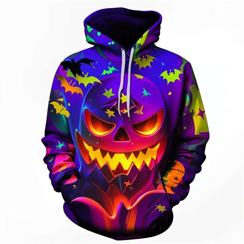 

3D Colorful Print Halloween Theme Hoodies Autumn Creative Personality Design Long Sleeved Clothing Loose Hooded Comfortable Tops
