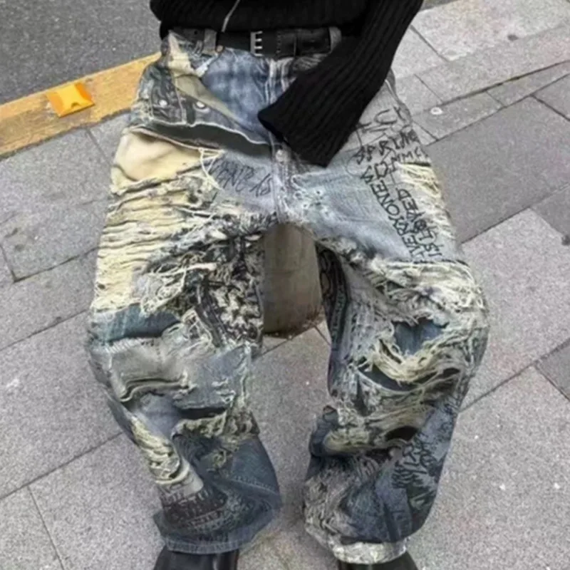 HKSH 春夏メンズユーズド加工カジュアル穴洗浄ブーツカットジーンズハイストリートファッション抽象パターンデニムパンツイン HK7029