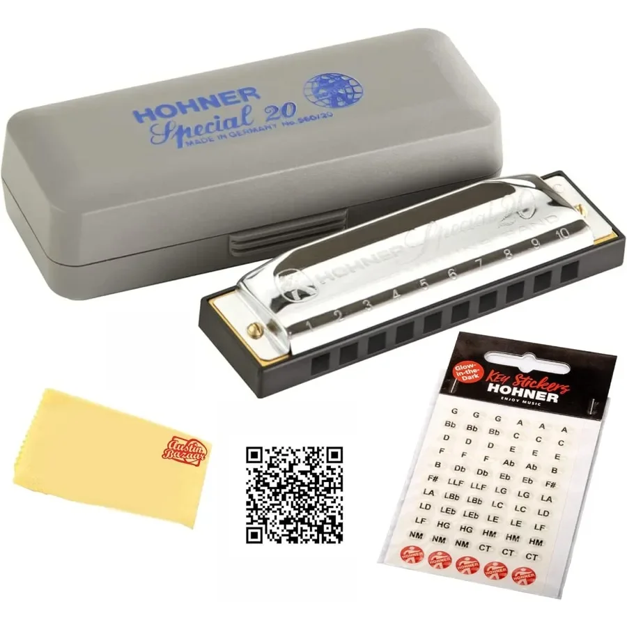 

Hohner 560 Special 20 Harmonica in Key of F Sharp with Carrying Case Key Stickers Beginner Online Manual and Polishing Cloth Id