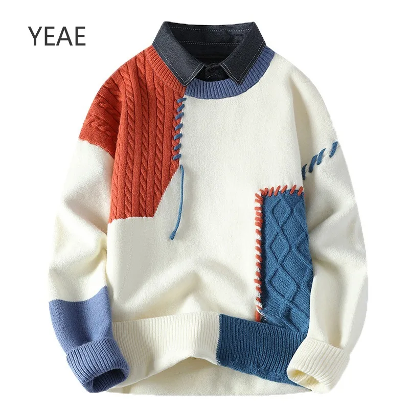 YEAE Autunno e Inverno Denim Risvolto Tendenza moda Colore abbinato Allentato Girocollo Maglione da uomo Abiti firmati di fascia alta Top