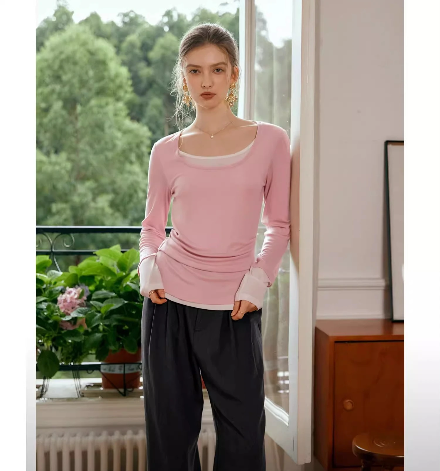 

OLrain French Long Sleeve Tees Ladies Tops T-shirts for Woman 2025 Slim Contrast 2 in 1 Tshirts Female Clothing M56QT93096