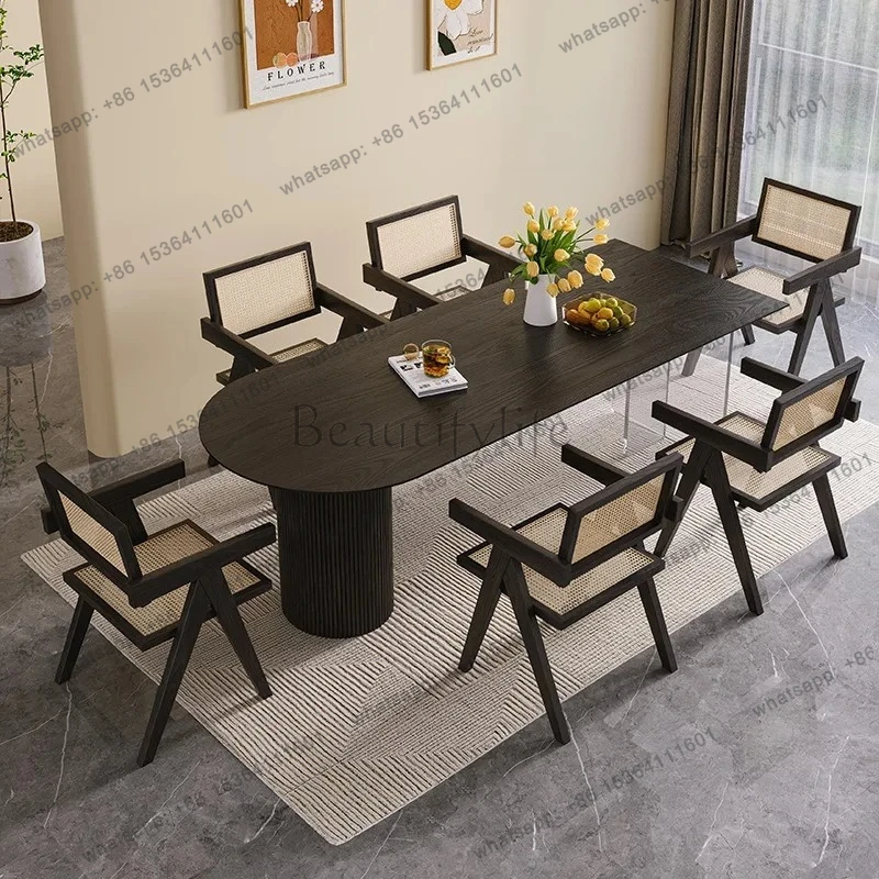 Nordic oval solid wood island family log hotel dining table chair combination small apartment