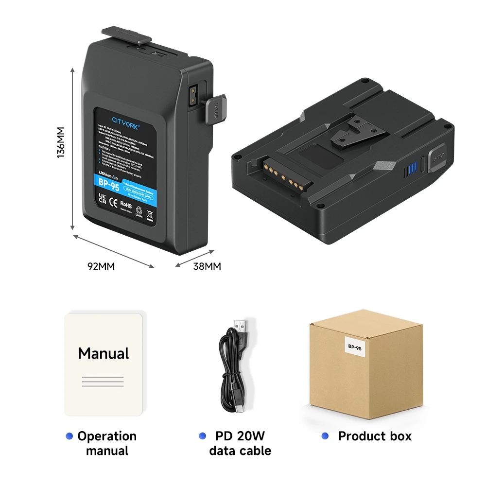 BP-229 V Mount Batterij V Lock BP Draagbare Bateria met PD 65W Snellaadkabel voor Sony Camcorder Camera Videolamp Blackmagic