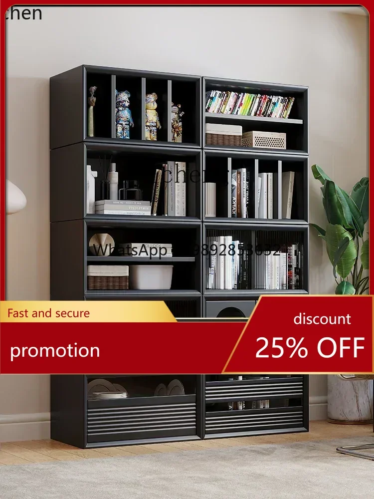 HT Black Vintage Solid Wood Combined Bookcase Living Room Multi-Function TV Cabinet Storage Grid Cabinet