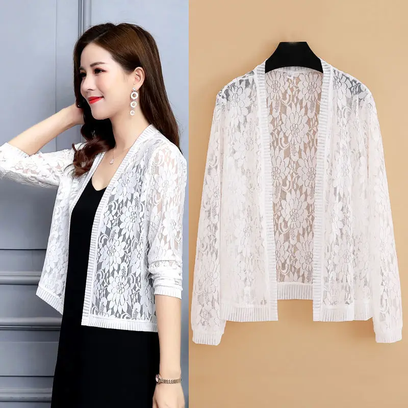 2024 Autumn Summer 6XL Lace Cardigan Women Female Cardigans Solid Color Shawl Coat Ladies Outerwear E130
