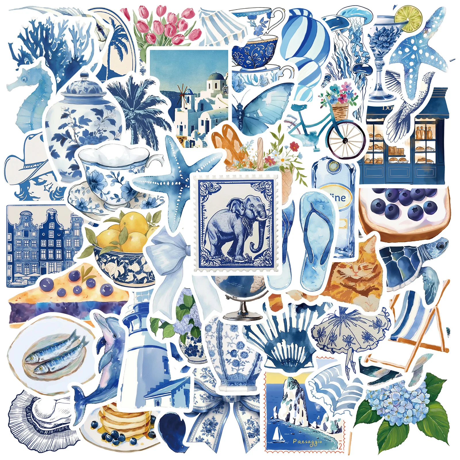 50 stücke Blau Stil Aquarell Ästhetik Graffiti Aufkleber Telefon Gitarre Laptop Notebook Koffer Tasse Wasserdichte Aufkleber Kinder Spielzeug