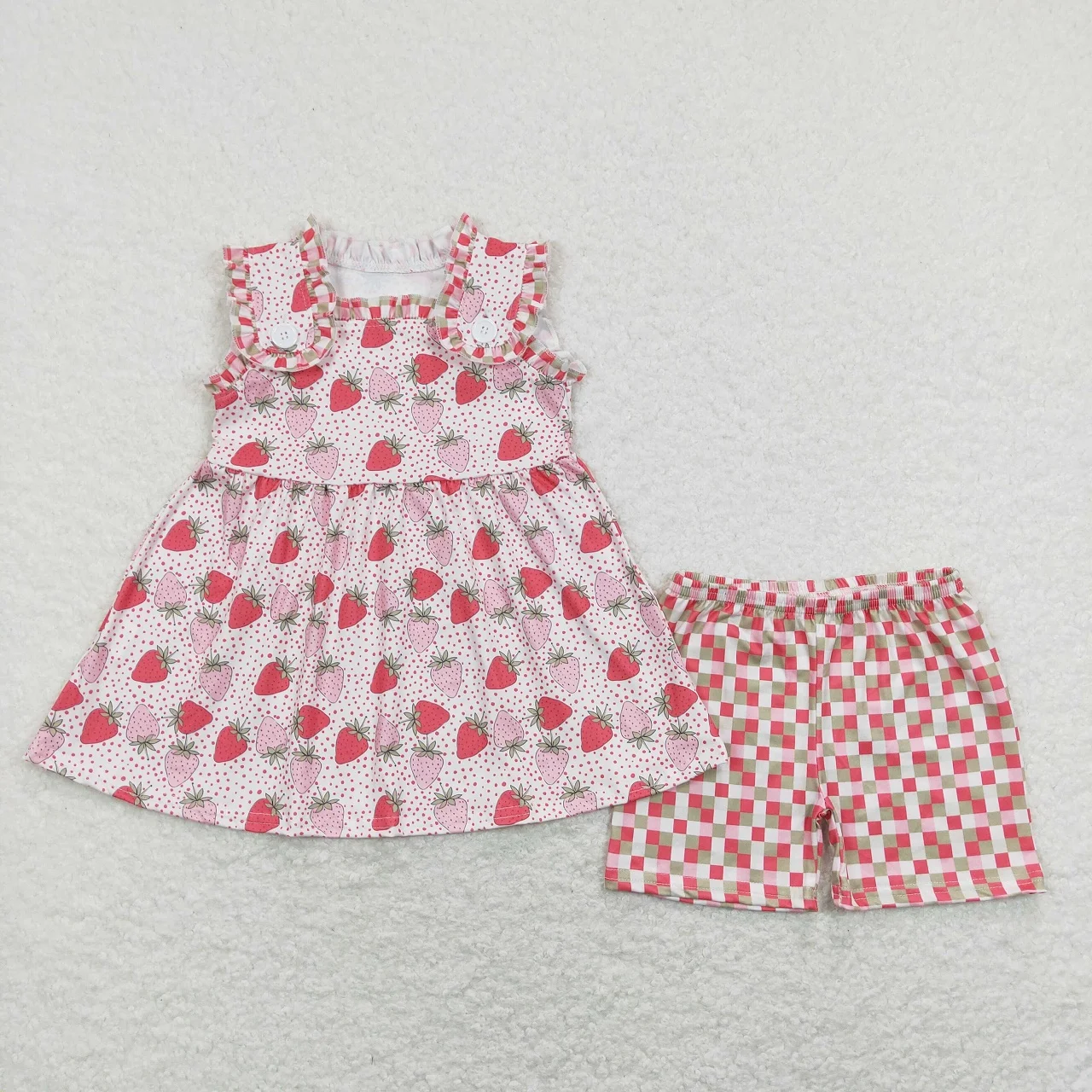 

Wholesale Infant Strawberry Outfit Clothes Baby Girl Summer Sleeveless Tunic Toddler Kids Colorful Checkered Shorts Children Set