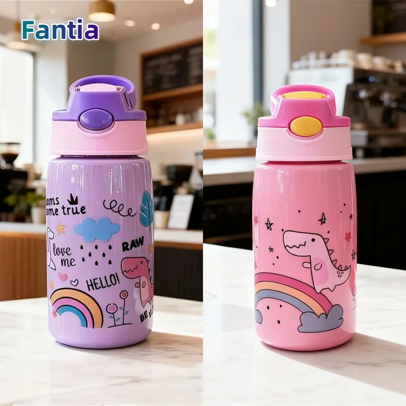 زجاجة مياه لطيفة 480 مل، زجاجة مياه محمولة متينة سعة 500 مل مع قش ومقبض، مادة كمبيوتر خالية من مادة BPA، غطاء قابل للغلق مانع للتسرب