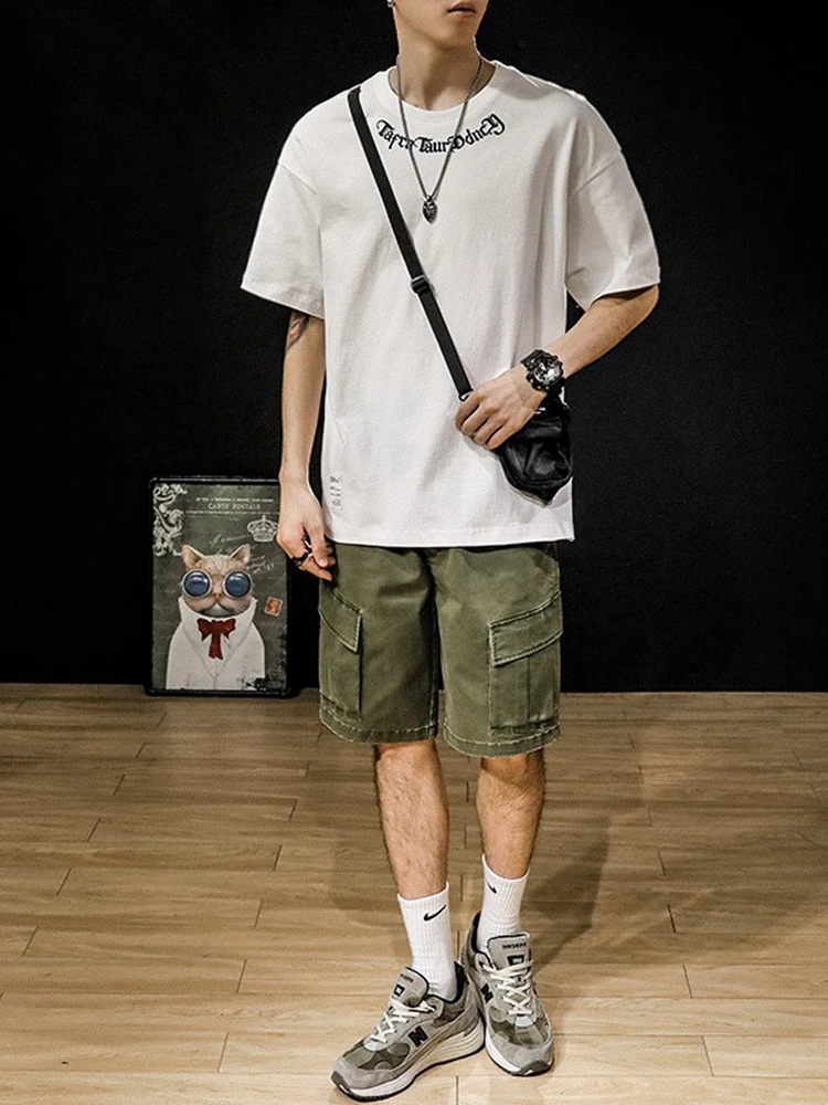 เสื้อยืดผ้าฝ้ายแท้หนานุ่มสำหรับฤดูร้อน แบรนด์แฟชั่นผู้ชาย ทรงหลวม ไซส์ใหญ่ สไตล์อเมริกันเรโทร คอกลม