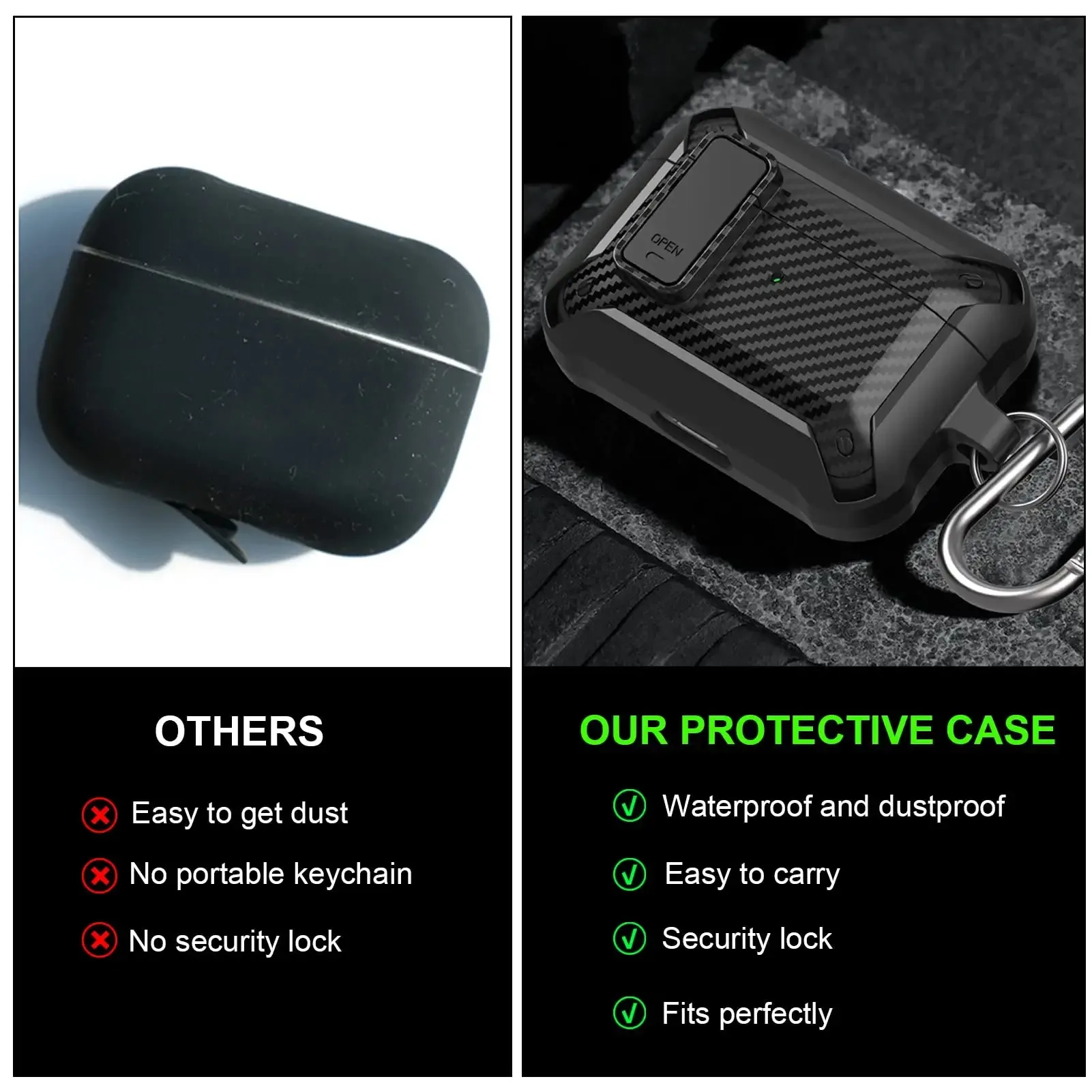 Armure en fibre de carbone pour Airpods 3 Pro 2, étui avec Clip de verrouillage, coque rigide militaire, protection masculine avec porte-clés