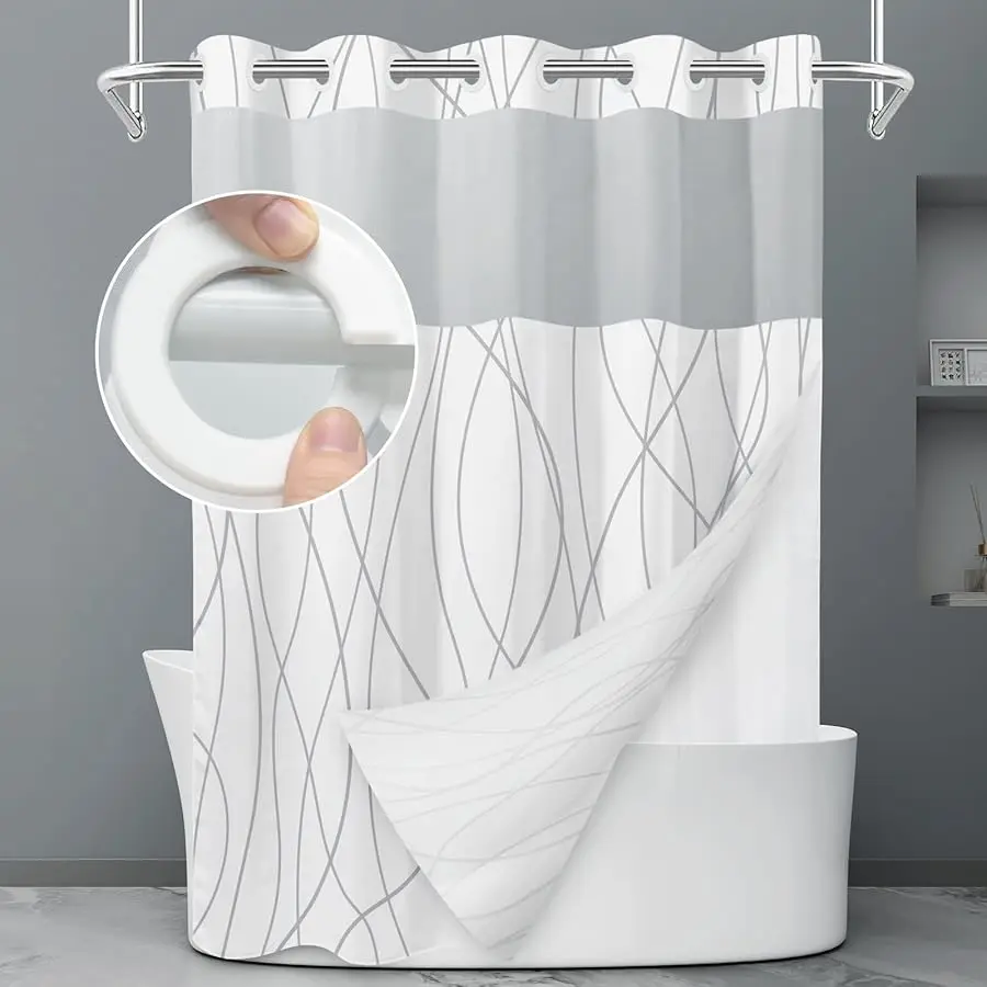 

No Hook Grey White Striped Shower Curtain with Snap in Fabric Liner Set - Hotel Liner Set with See Through Mesh Top Window,Machi
