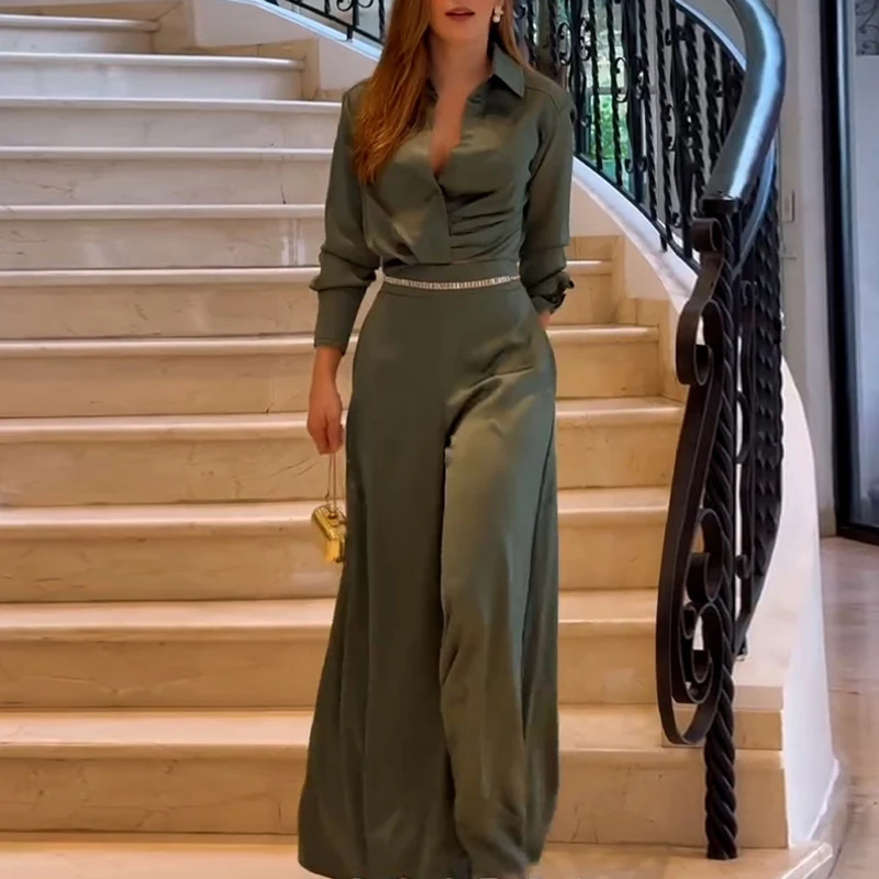 Chic Lapel Long Sleeved Slim Suit Simple Solid High Waist Office Commut Outfit Wrinkled Temperament Shirt&Wide Leg Pants 2pc Set