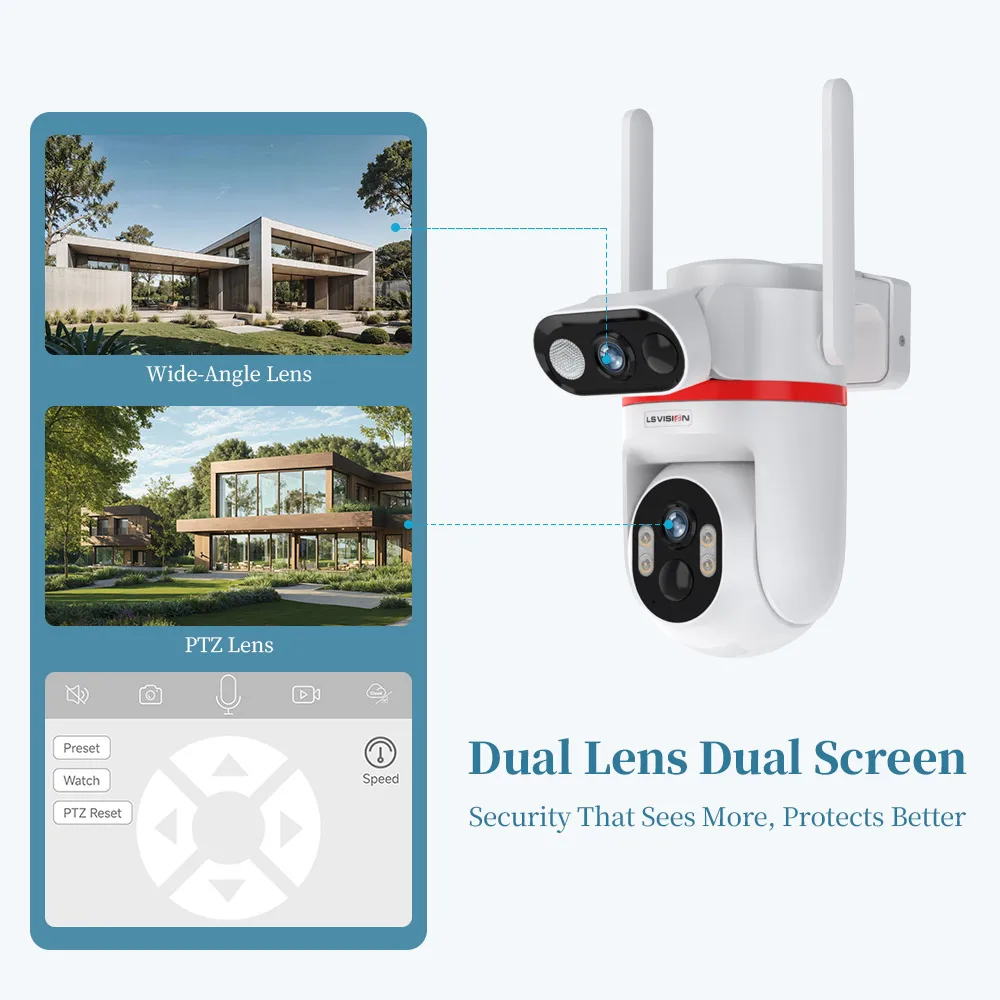 LS VISION Dual Lens Outdoor Surveillance Camera 4G SIM Security Cameras Built-in Batteries Powered  Panel Humanoid Auto tracking