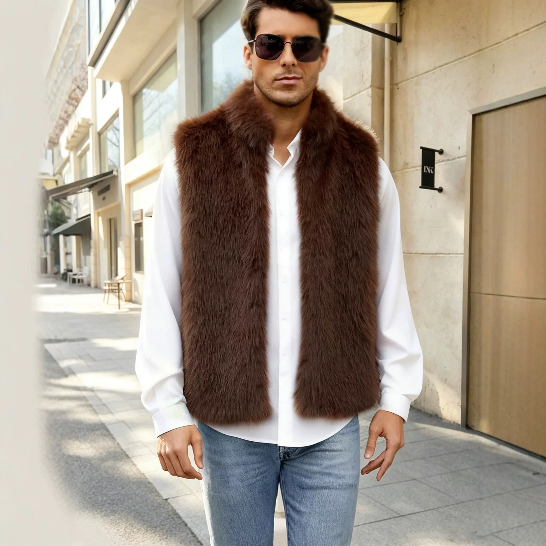 Men Faux Fox Fur Vest Sleeveless Jackets Stand Collar Short Coat Thick Warm Y2k Streetwear Open Front Casual Work Outerwear
