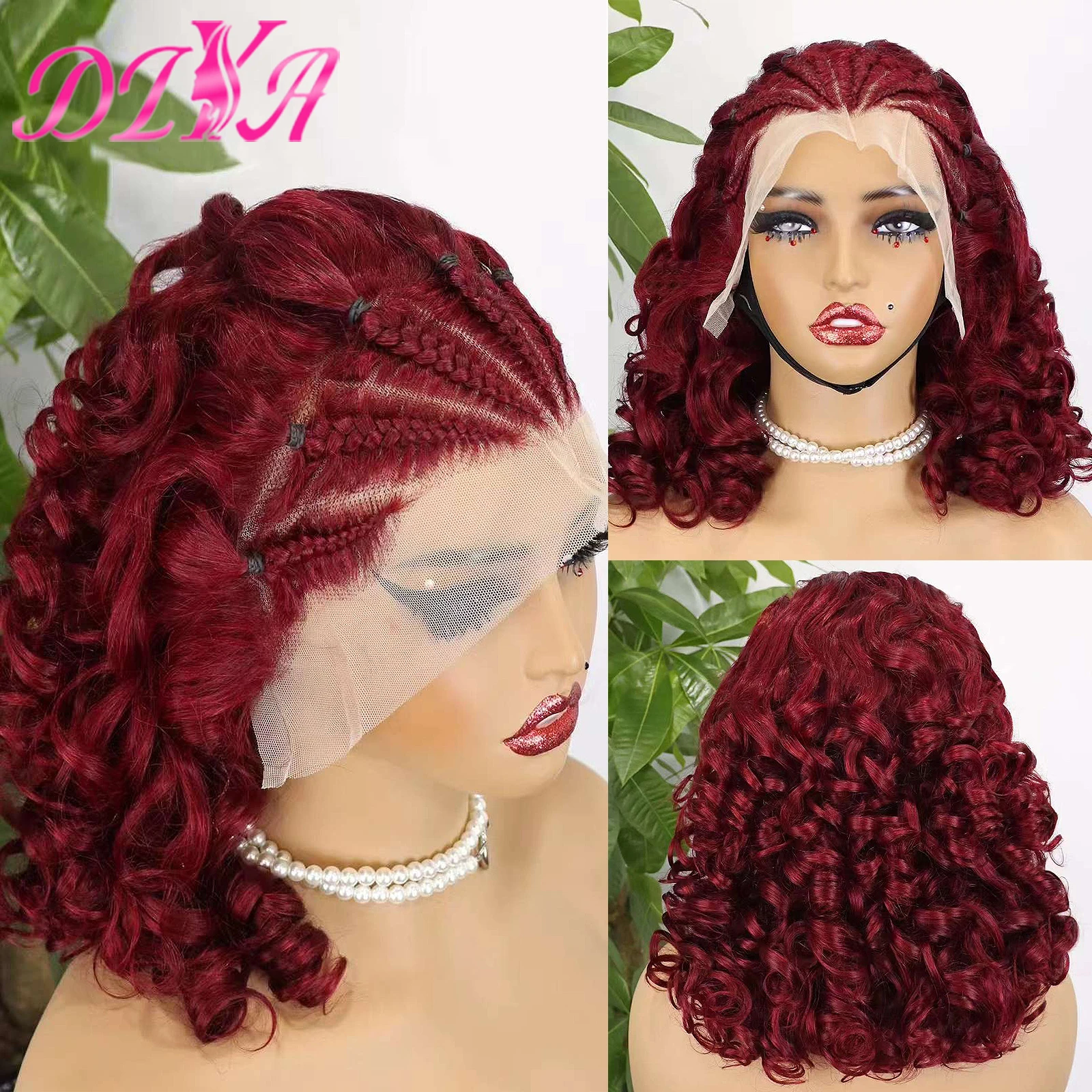 

99J Burgundy Fumi Bouncy Curly Loose Wave Human Hair Wigs with Braids 13x4 Lace Frontal 250% Density Hair Wigs for Black Women