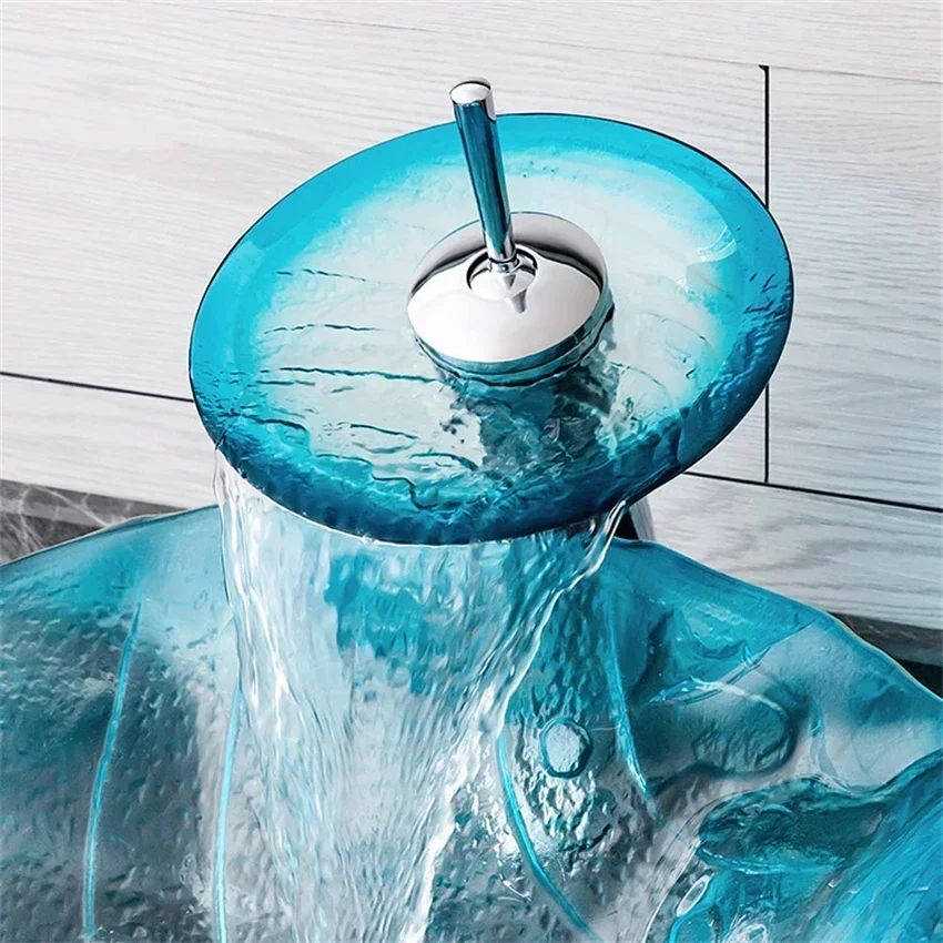 Bathroom Counter Top Washroom Vessel Sink Hand Wash Basin Hotel Art Tempered Glass Basin Sink Waterfall Faucet Washbasin Set