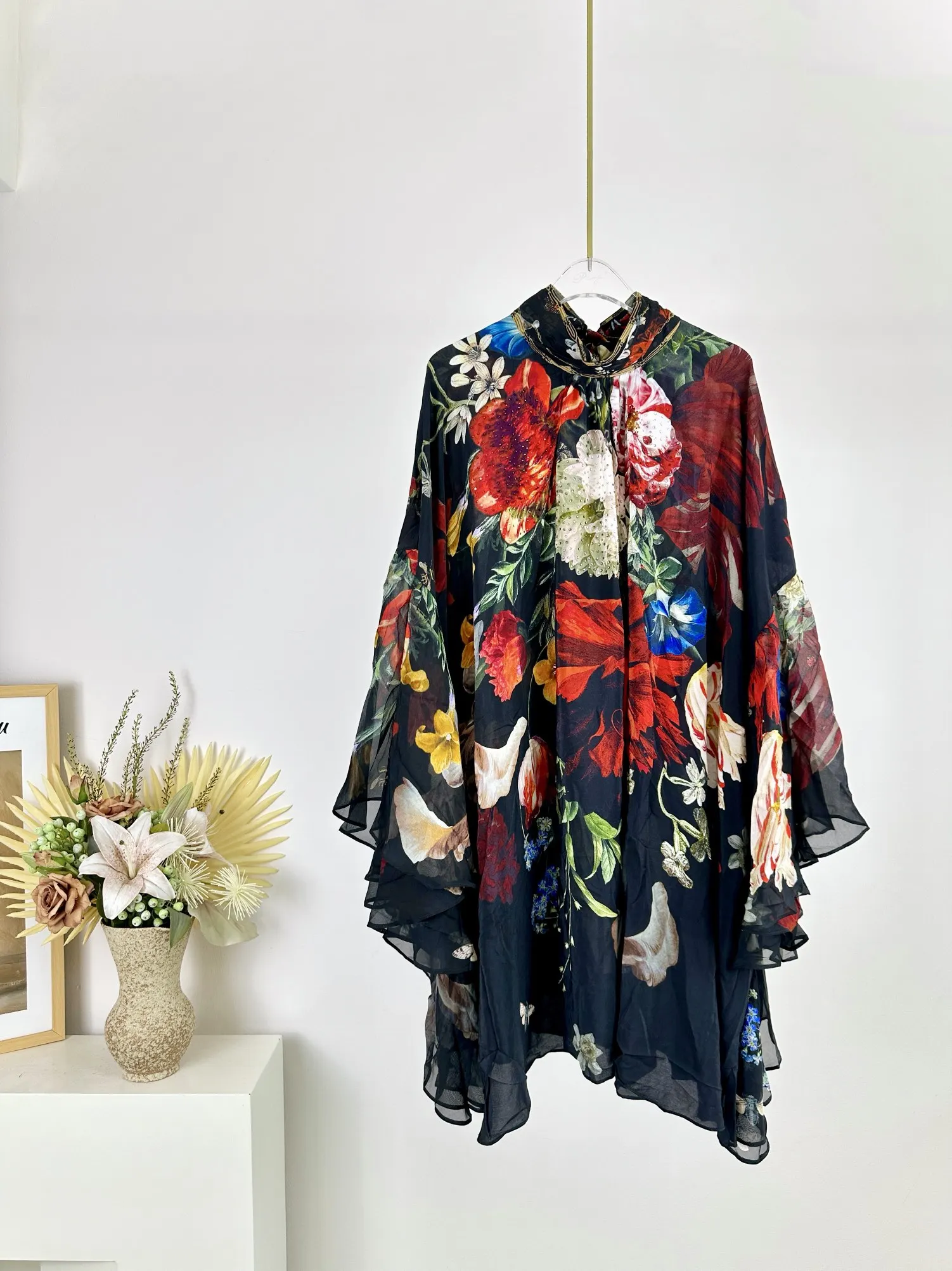 Women Stand Collar Lace-up Flower Printed Full Sleeve Silk Mini Dress