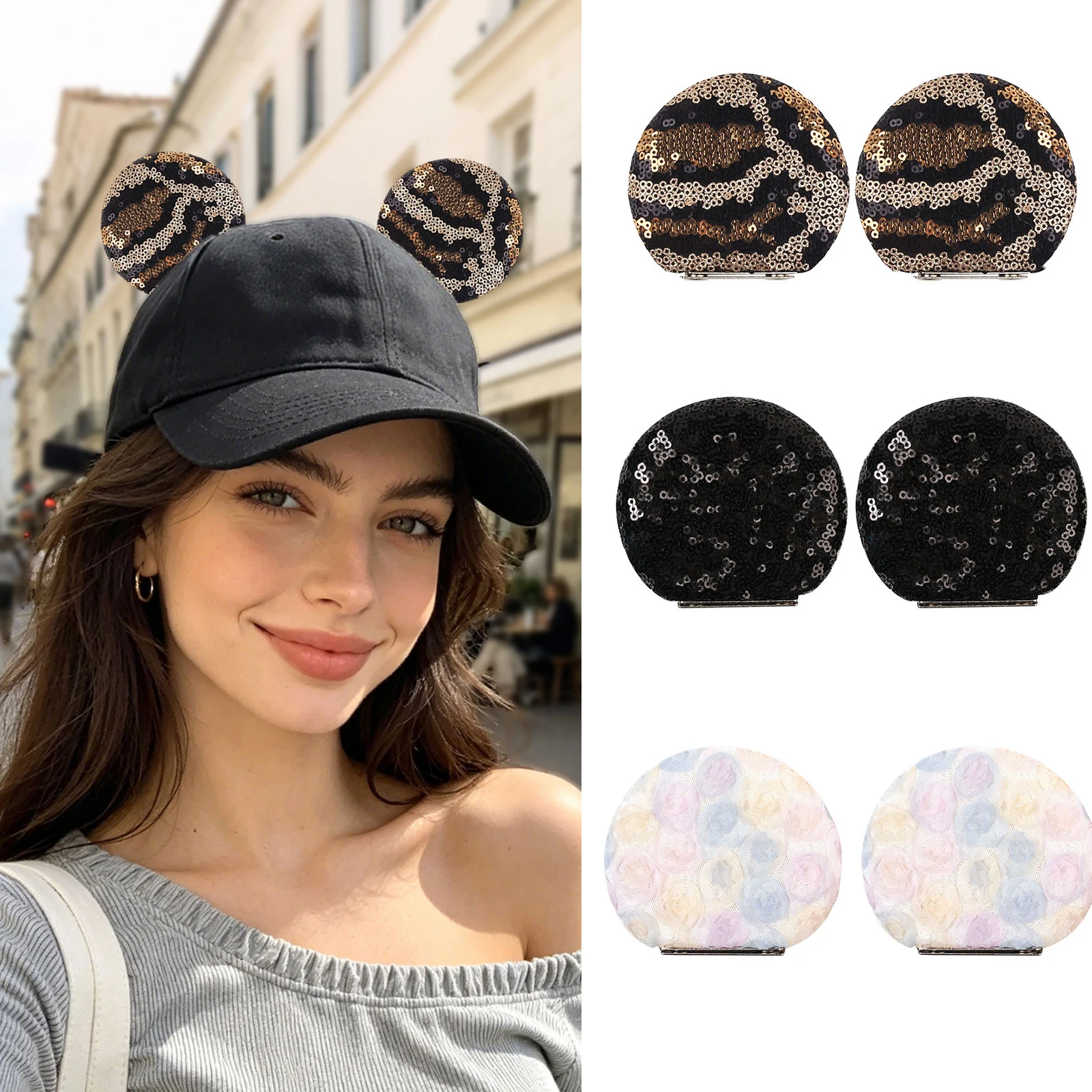 2 Stück Magnetische Mausohren-Dekoration für Themenpark-Partys, Abnehmbare Ohrclips, Modische Hut-Accessoires, Geschenke für Baseballkappen und Kapuzenpullover