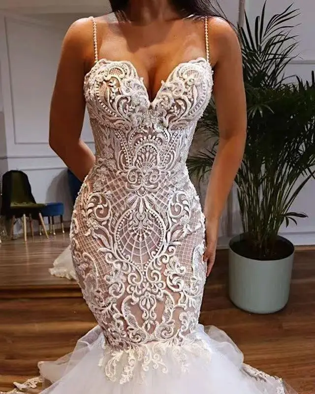 Maßgeschneidertes Brautkleid mit Spaghetti-Trägern, Perlen und Applikationen, Übergröße, Spitze, 2026 Brautkleider, Afrikanische Meerjungfrau-Silhouette, Vestido De Noiva – Detail 3