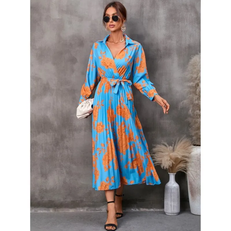 Women's Fashion Floral Printed Long Dresses 2025 Summer V Neck Lace-up Office Lady Elegant Party Vestidos Female Casual Clothing