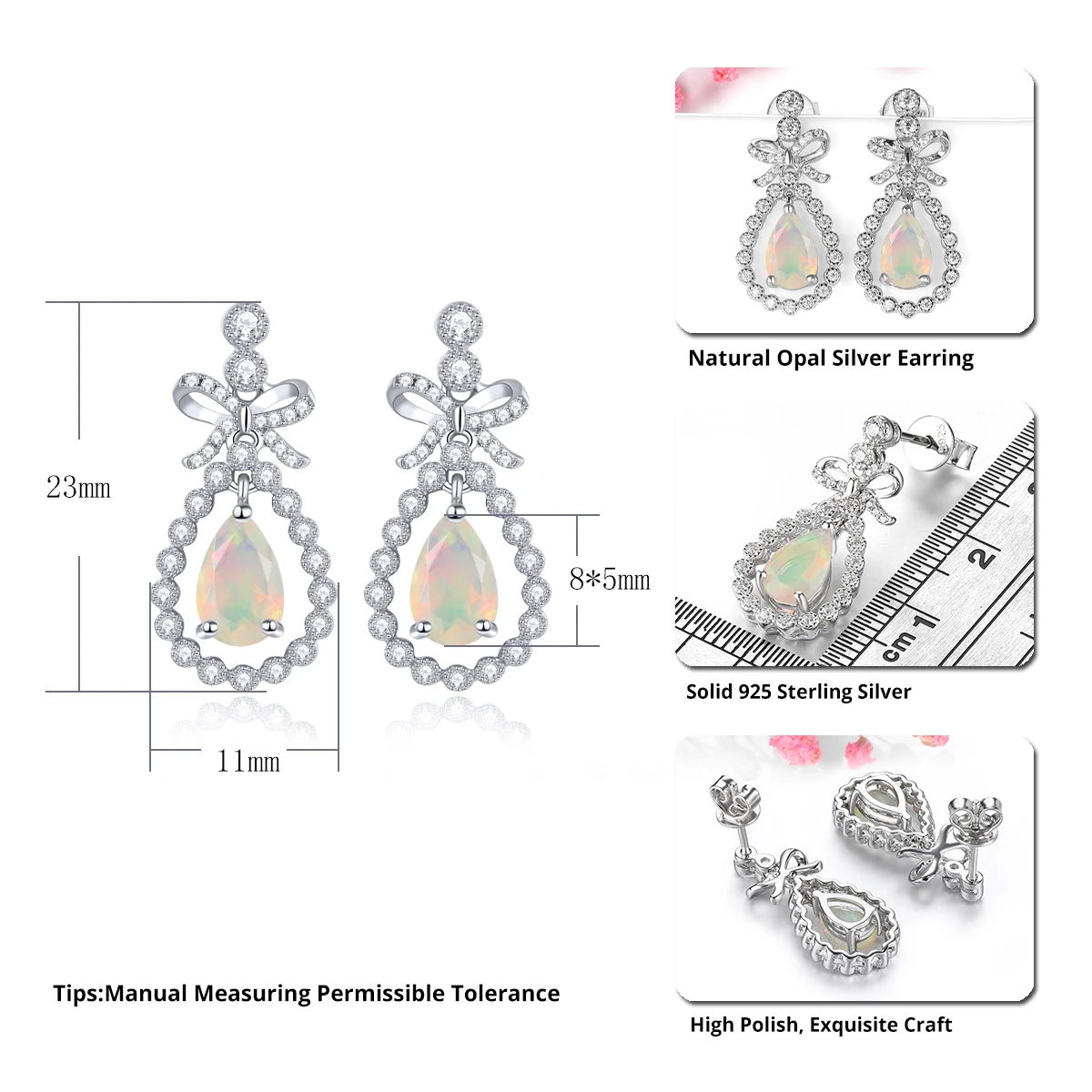 Natural Opal Sterling Silver Stud Earring Rhodium Plated Fine Jewelrys 1.1 Carats Genuine Gemstone Sweet Lovely Design Lady Gift