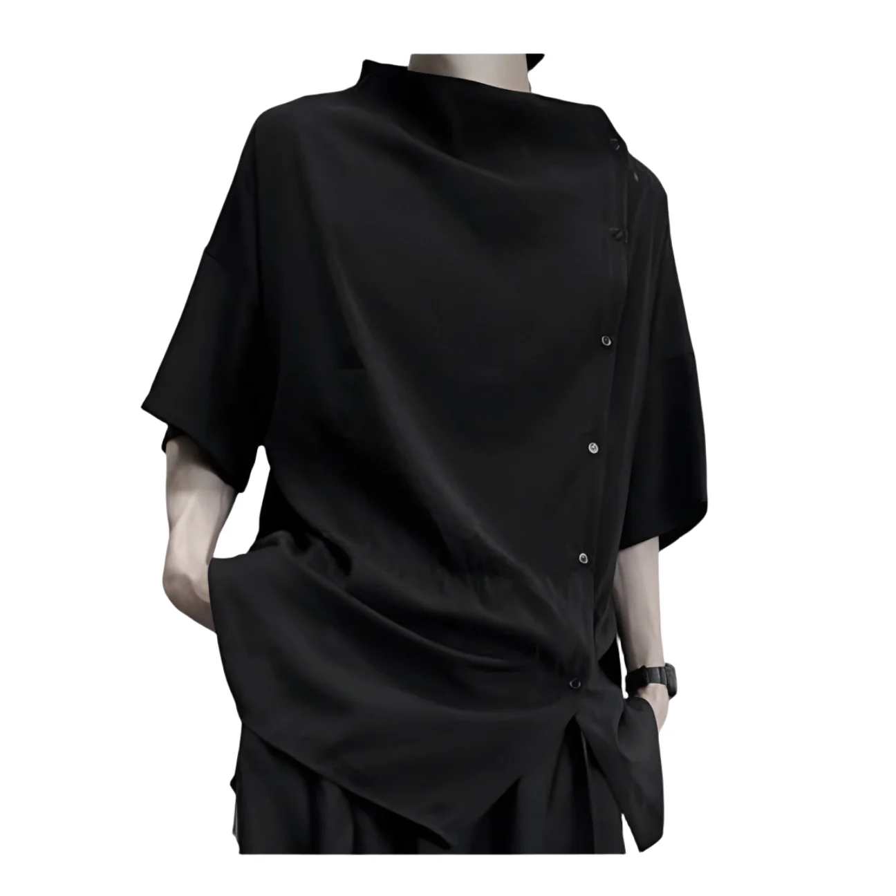 YamamotoStyle Asymmetrical Sesign Sense Five-quarter Sleeve T-shirt Summer Loose Hanging Style Retro Short-sleeved Shirt