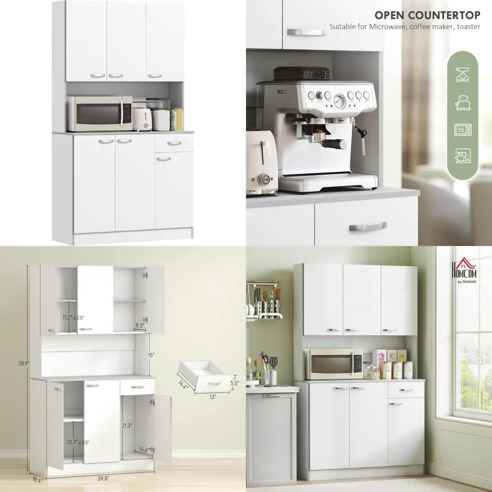 خزانة مخزن المطبخ تخزين طويل مع حامل الميكروويف بوفيه هاش 6 أبواب درج 3 أرفف قابلة للتعديل حل توفير المساحة #1