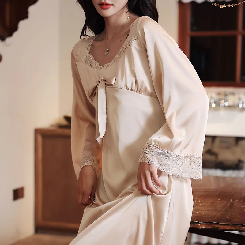 Elegant Court Style Long Nightdress Sleepwear Spring Summer Female Nightgown Lounge Wear Casual Silk Satin Bathrobe Home Wear