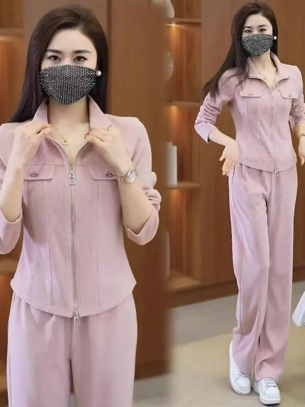 

Утягивающий кардиган для мамы, осенний модный открытый кардиган с воротником-стойкой, тонкий длинный топ-бот, комплект из двух предметов, корейская повседневная одежда