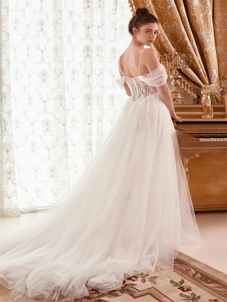 A-line eleganti abiti da sposa senza maniche Off-The-spalla pizzo Tulle lunghezza del pavimento abito da sposa Applique abito da sposa per le donne