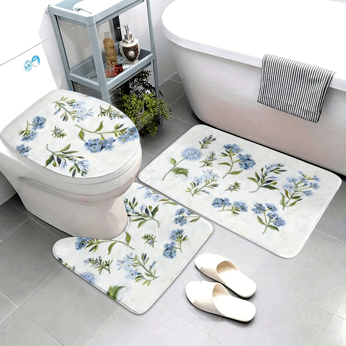 

Набор ковриков для ванной комнаты с цветочным принтом из 3 предметов — нескользящий фланелевой коврик, мягкий и можно стирать в машине, включает U-образный коврик для сиденья унитаза