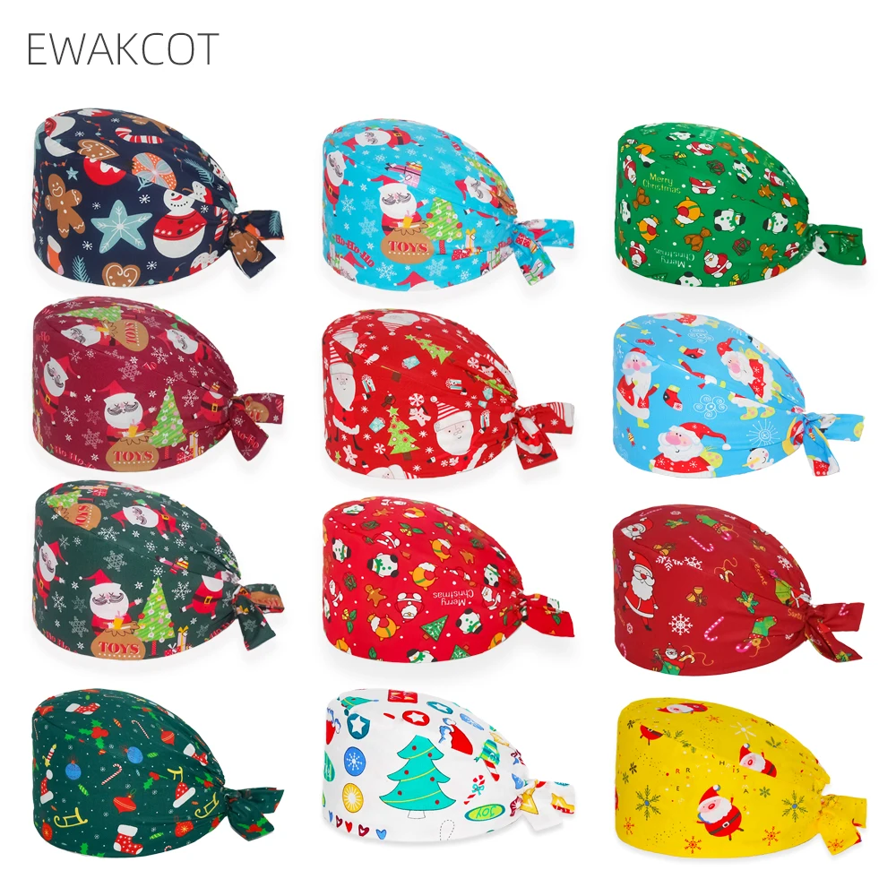 women men Christmas Printed Surgicals cap soft cotton nurse doctor dental chef spa pet working scrub hats medical nursing caps