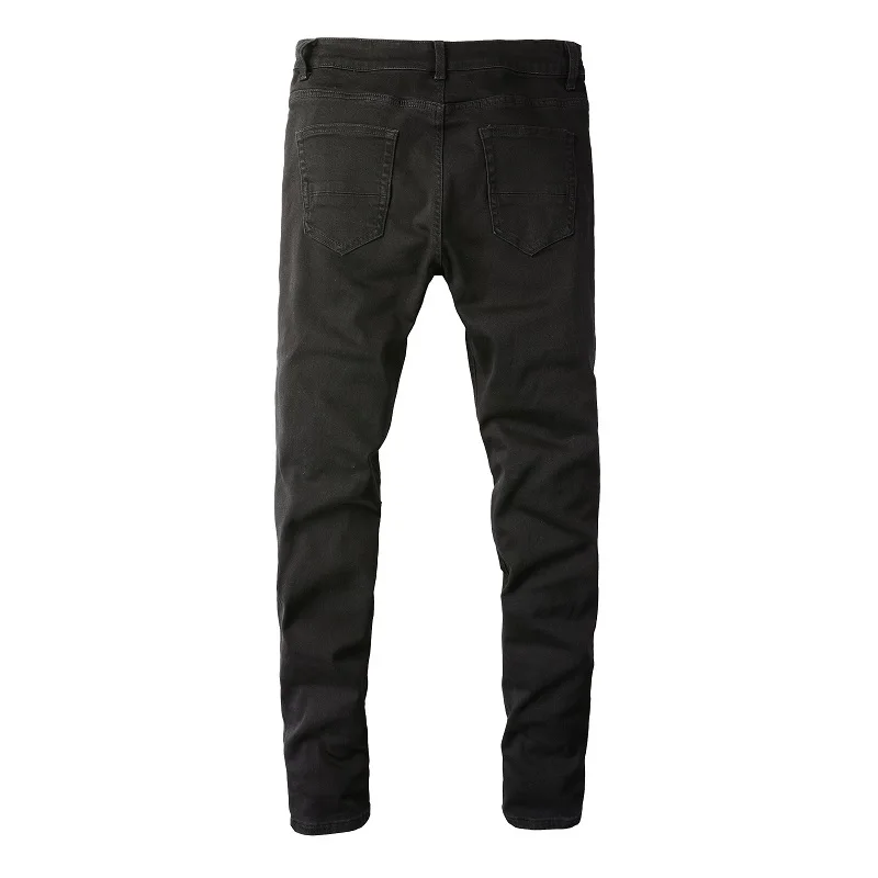 Herren Leder-Patch Biker-Jeans für Motorrad-Streetwear, Löcher, Ripped Patchwork Stretch-Denim-Hose, Schwarze Skinny Tapered Hose – Detail 15