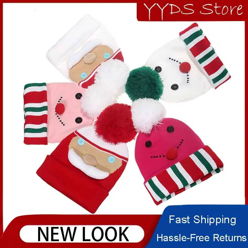 Autumn and Winter Santa Claus Handmade Snowman Wool Hat Green Red Stitching Wool Hat Warm Hair Ball Boys and Girls Christmas Hat