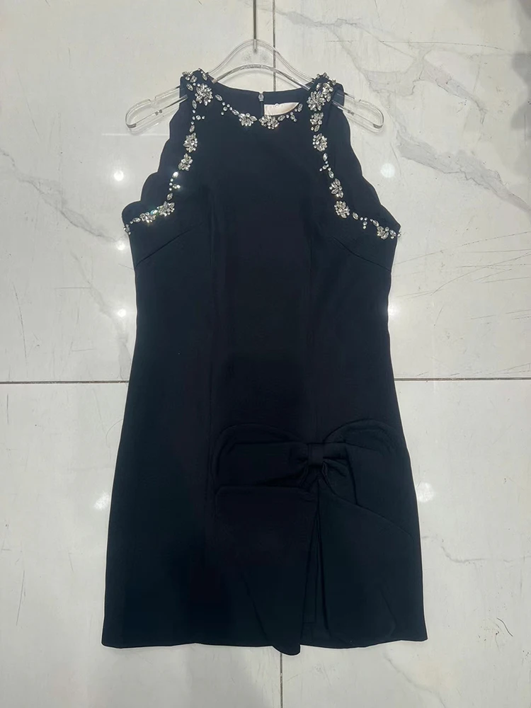 ROMISS Solid Minimalist Patchwork Bowknot Dress For Women Round Neck Sleeveless High Waist Spliced Diamonds Dress Female